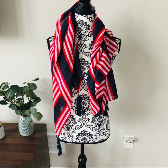 NWOT! Abercrombie & Fitch Tasseled Striped Square Scarf - Red/White/Blue - Picture 1 of 4